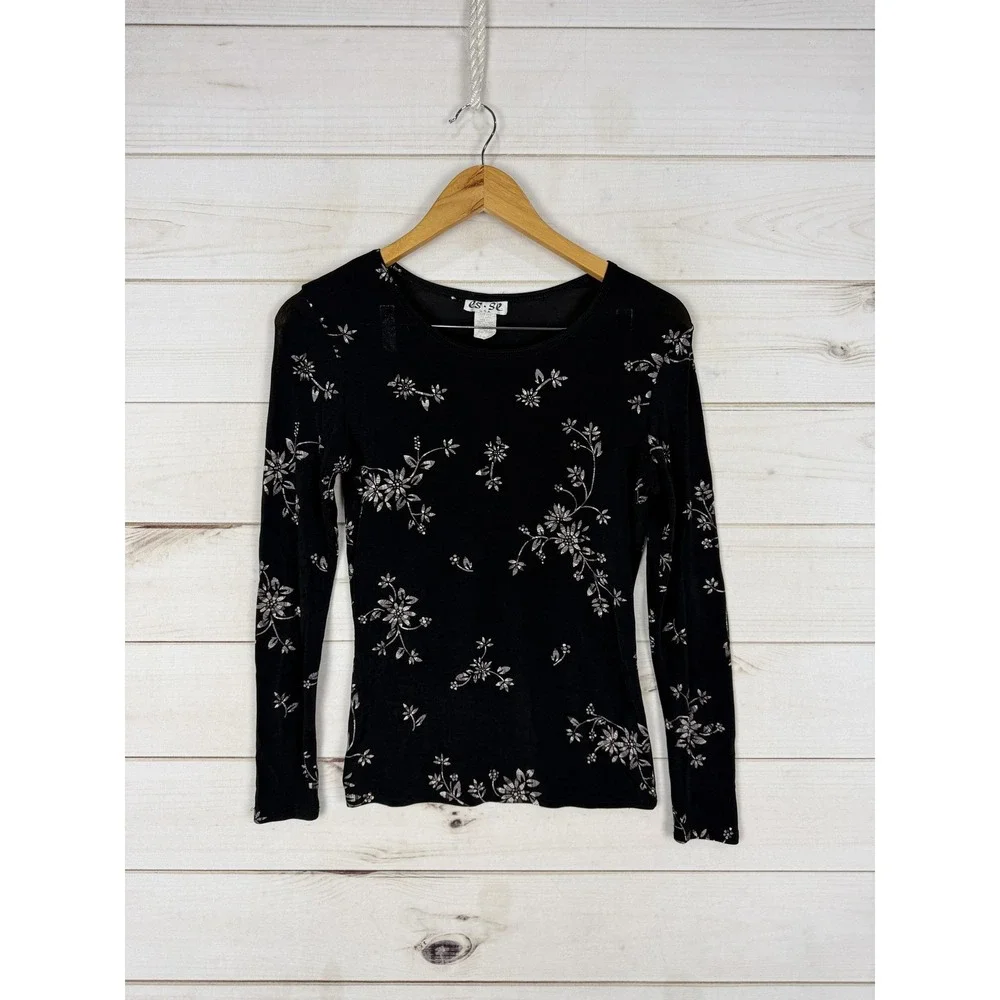 ES SL Top Skirt Set Womens Medium Black Floral Jersey 2 Piece Made USA - Picture 2 of 15
